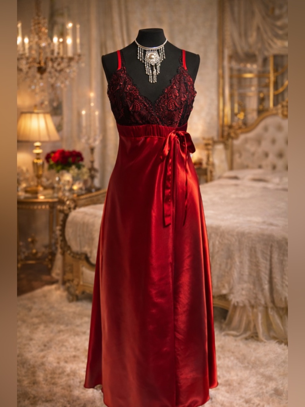 VTG Innermost RUby Red Satin & Black Lace gown Slip Dress Hollywood Glam M